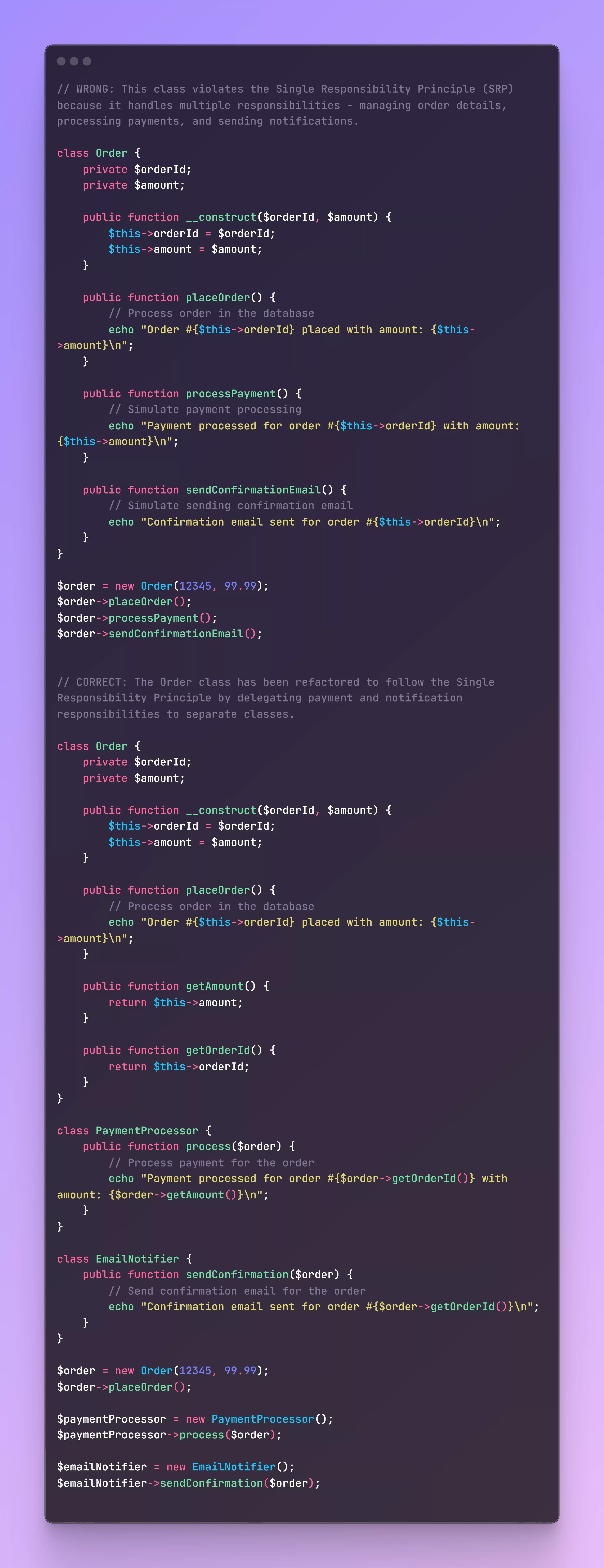 Example of code refactoring showing how the single responsibility principle improves organization.