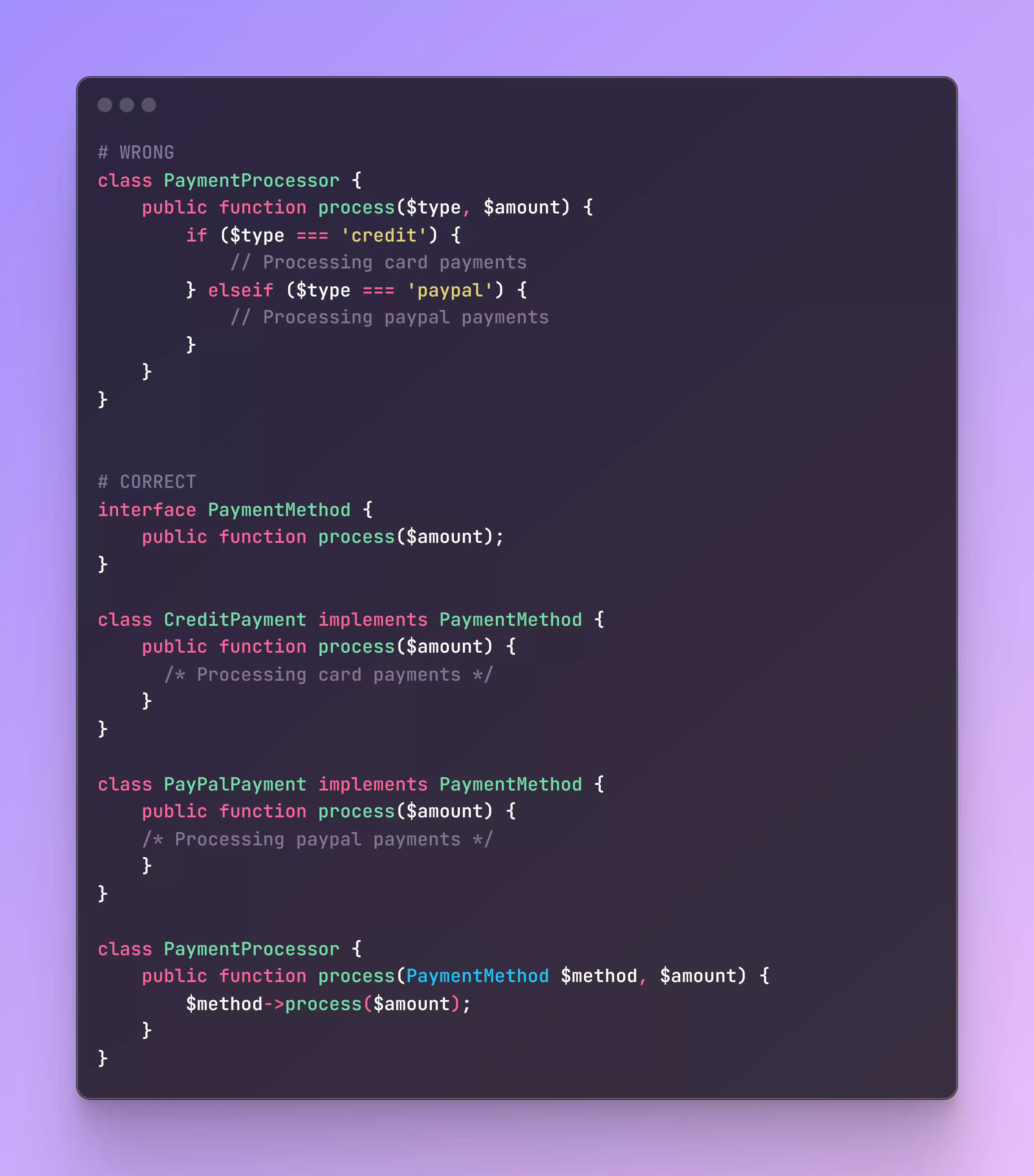 Here's an example of code demonstrating the O principle, showcasing a base class and derived classes.